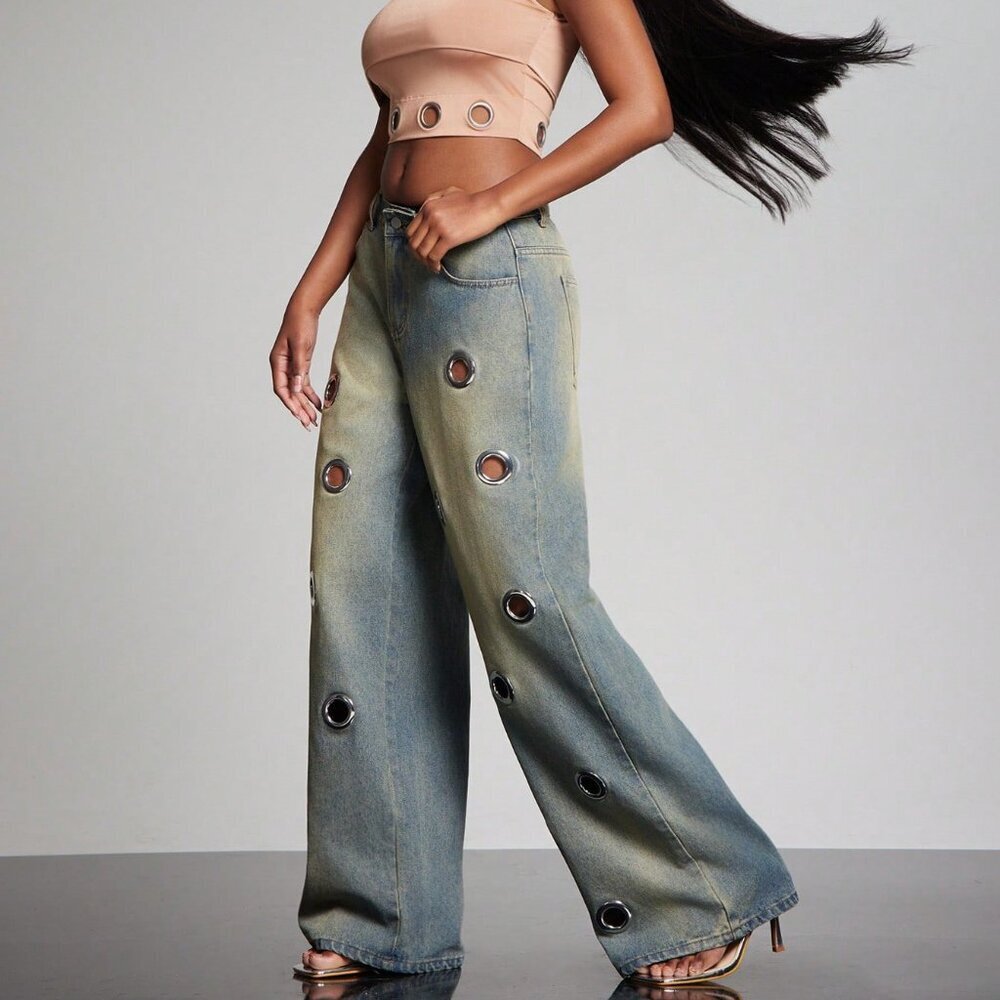 Medium Wash Punk Women's Wide Leg Baggy Jeans - Picture 4 of 7